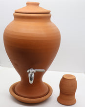 Load image into Gallery viewer, clay dispenser, Handcrafted Earthen Clay Water Pot with Lid, clay glass and tap, 7 Litre
