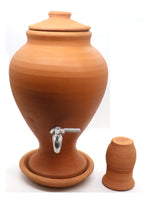 Load image into Gallery viewer, clay dispenser, Handcrafted Earthen Clay Water Pot with Lid, clay glass and tap, 7 Litre
