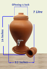 Load image into Gallery viewer, clay dispenser, Handcrafted Earthen Clay Water Pot with Lid, clay glass and tap, 7 Litre
