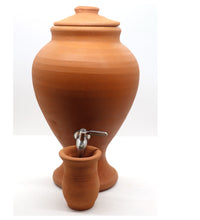 Load image into Gallery viewer, clay dispenser, Handcrafted Earthen Clay Water Pot with Lid, clay glass and tap, 7 Litre
